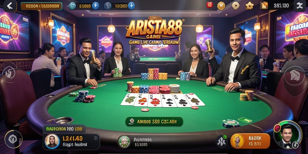 Tampilan gameplay seru ARISTA88 dengan dealer langsung dan suasana kasino.