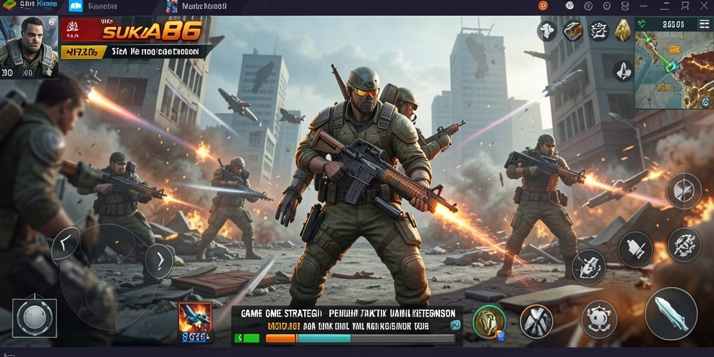 Tangkapan layar utama menunjukkan aksi strategis yang intens dalam SUKA86.